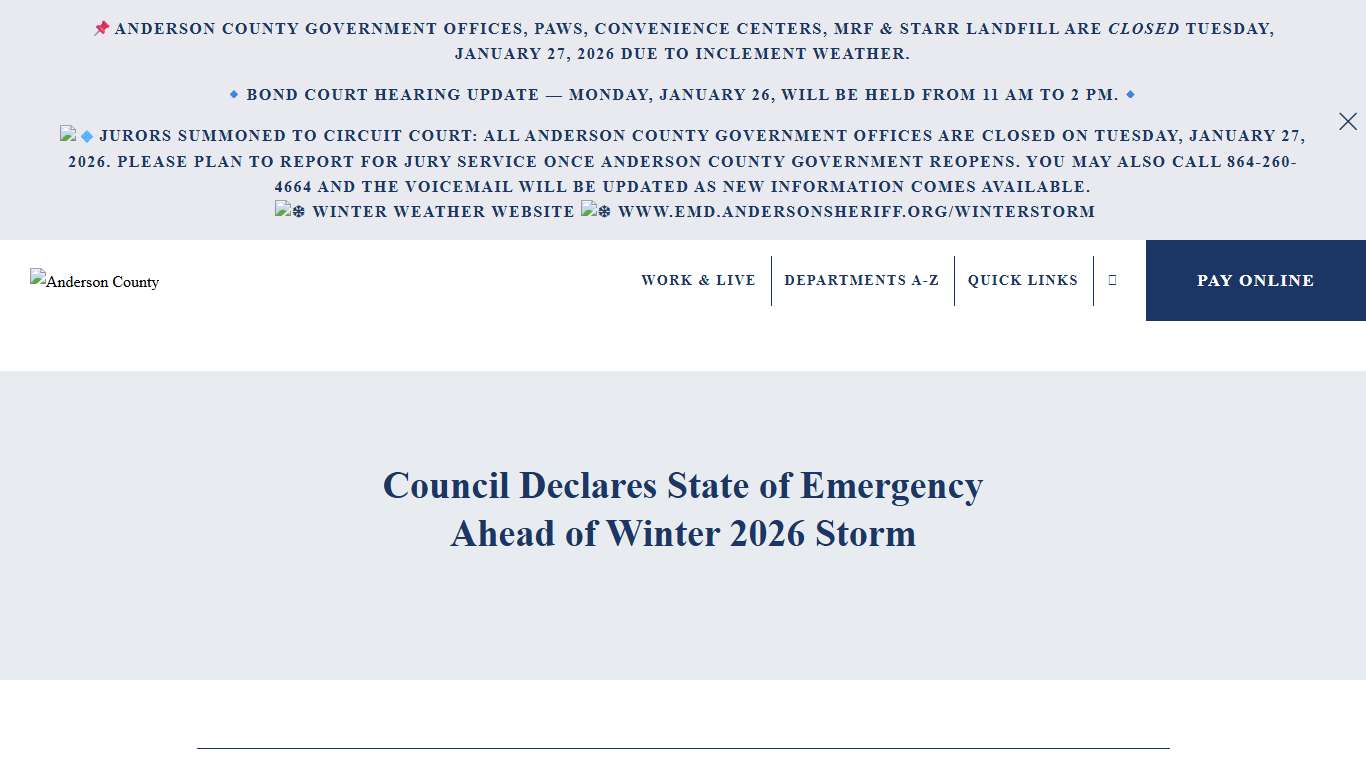 Council Declares State of Emergency Ahead of Winter 2026 Storm - Anderson County